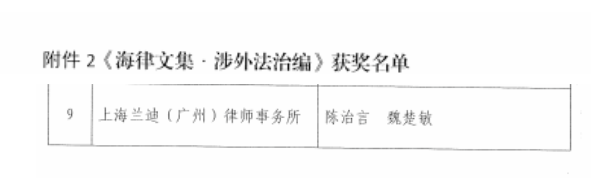 兰迪广州陈治言、魏楚敏律师荣获海珠区司法局《海律文
